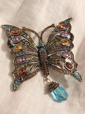 Multicolor Crystal Butterfly Brooch with Blue Teardrop Accent